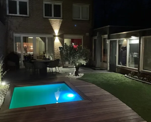 paddoek houten vlonder met plunge pool in moderne tuinaanleg rosmalen